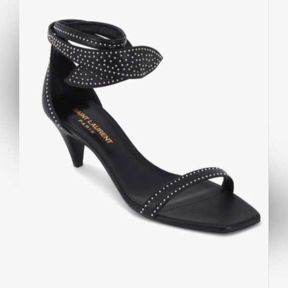 SAINT LAURENT Charlotte Black Studded Ankle Wrap Sandal / Heels Size 38 / US 8 - Picture 2 of 13